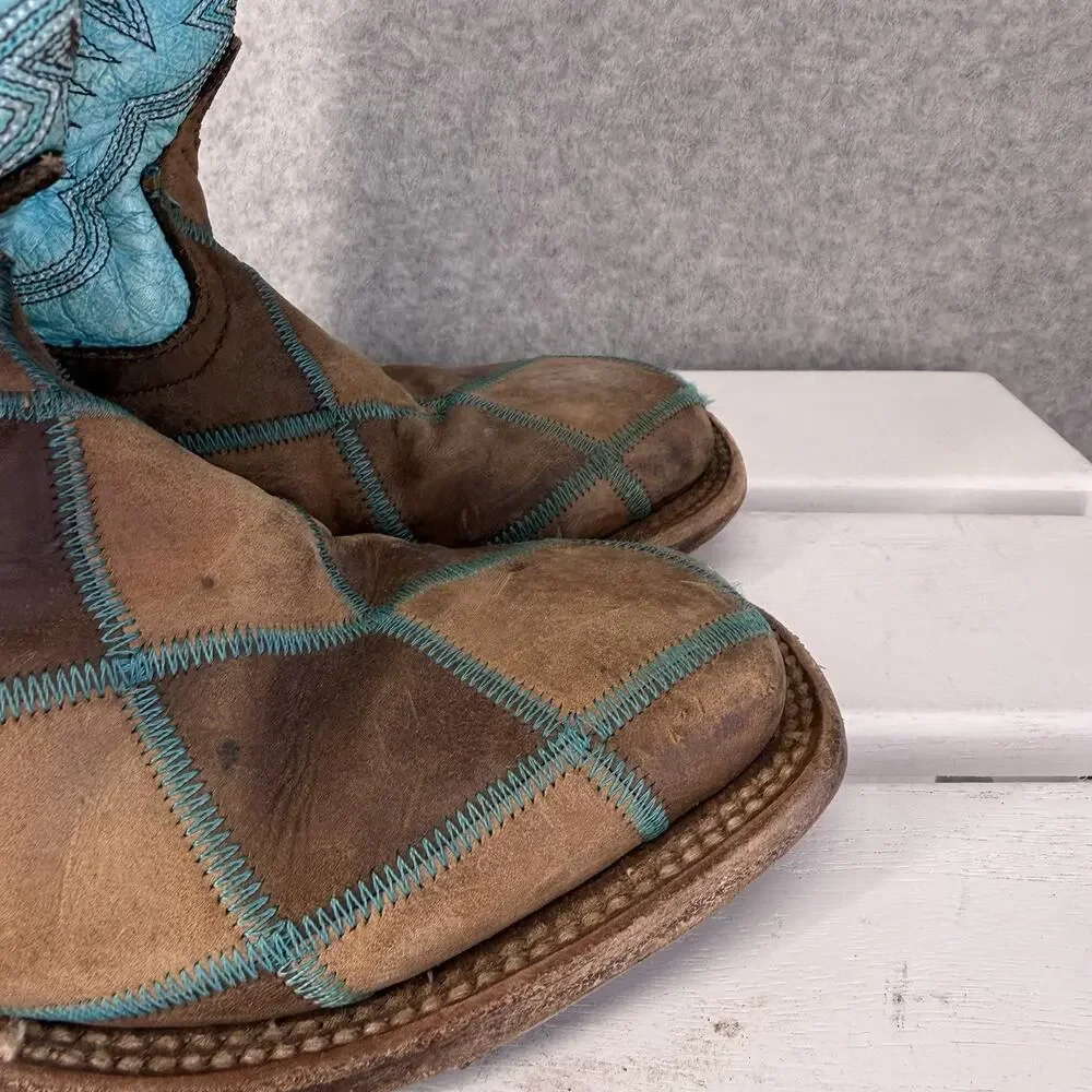 HP Western Boots Girls Size 1 Blue Brown Leather Embroidered Cowboy
